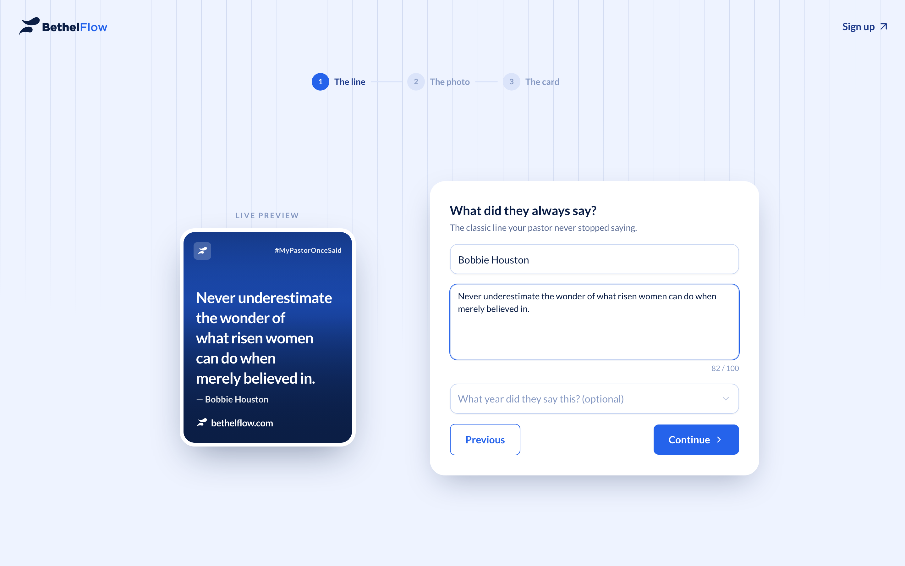 Step one of the create flow: a form asking "What did they always say?" beside a live preview of the card updating in real time.