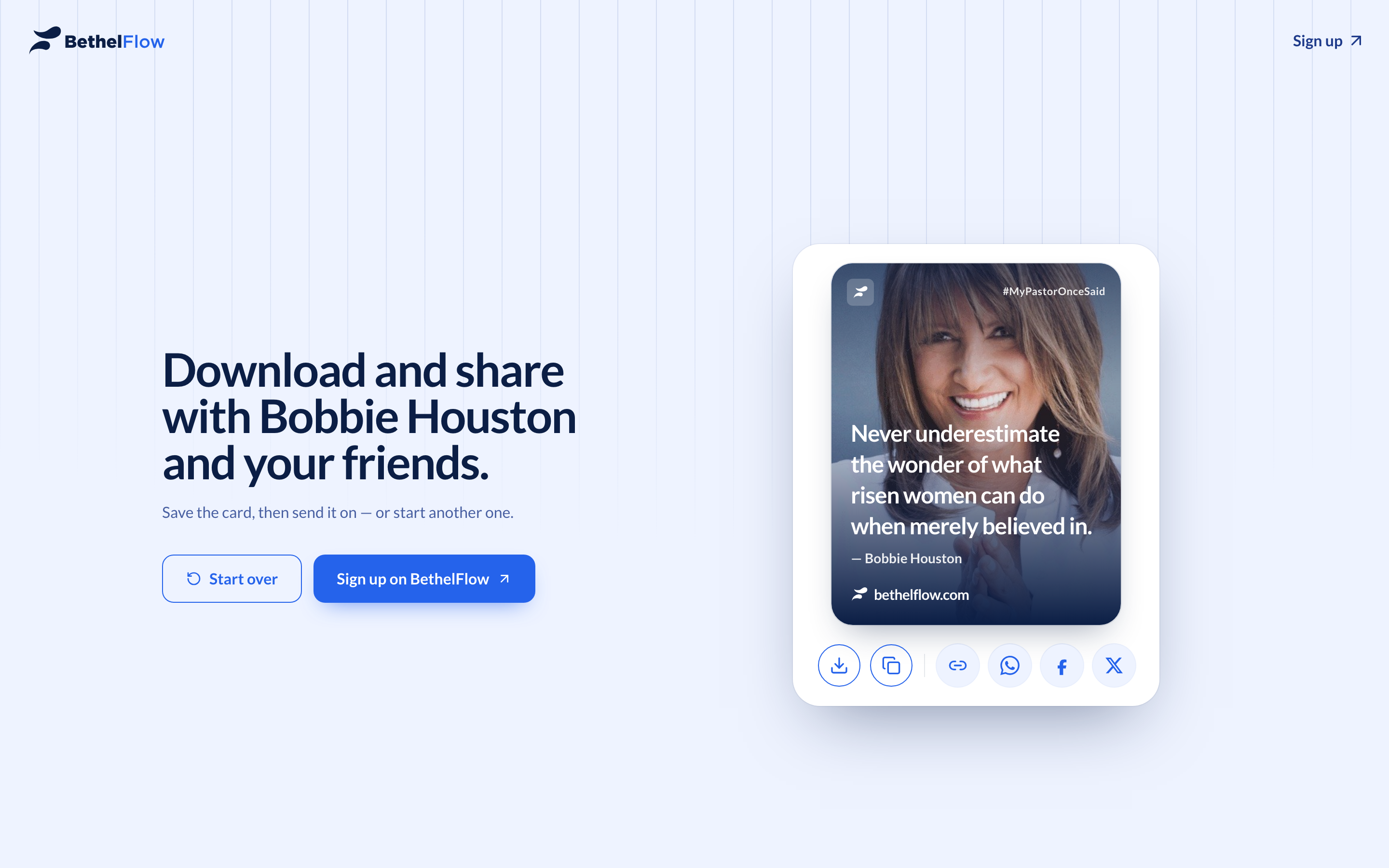 The result screen: "Download and share," with the finished card and a row of share buttons.